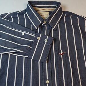 Hollister Button Up Shirt Men's X Large Navy & White Stripe Collared 100% Cotton